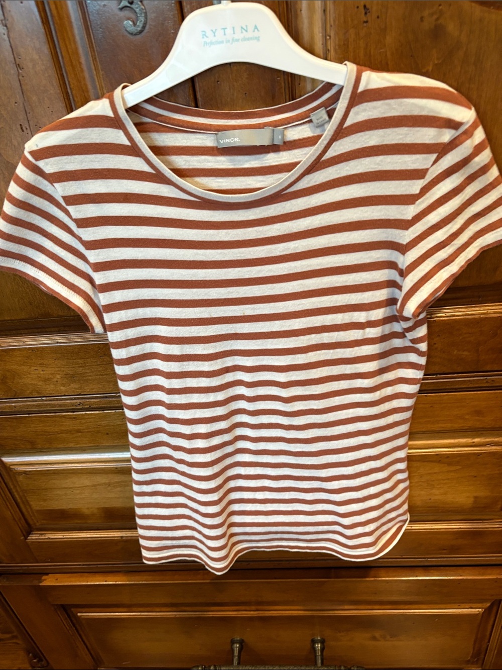 Vince Women’s Short Sleeve Striped Tee in Rust & White